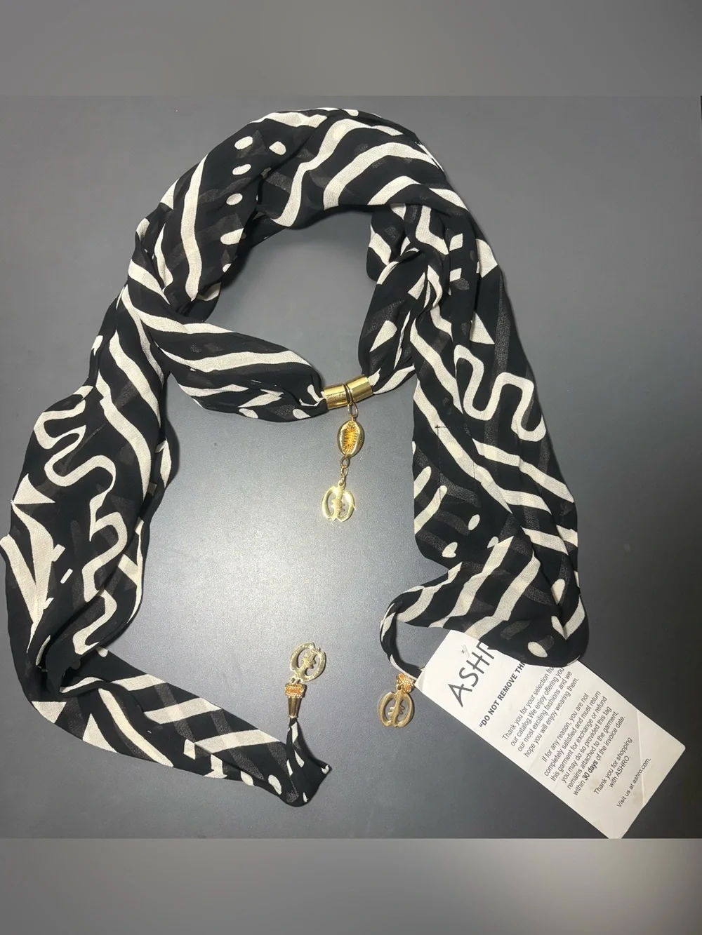 ASHRO Black & White Patterned Scarf with Gold Tone Charms